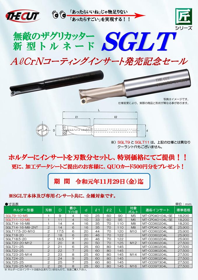 THE CUT：ザグリカッター新型トルネードAℓcrＮコーティングインサート発売記念セール実施中